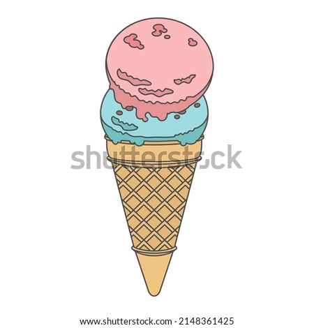 Hand drawn style vector illustration of strawberry and mint chocolate chip ice cream isolated on background.