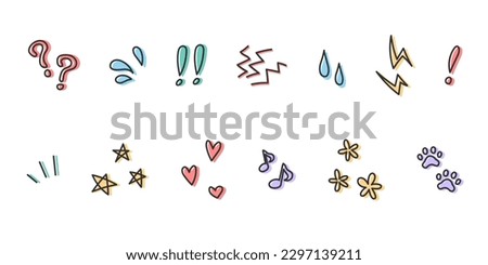 Set of hand drawn doodle icons. Vector illustration of cute emotion symbols such as exclamation, question, heart, star, flower and droplet.