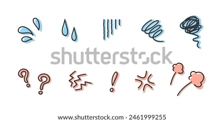 Vector illustration of hand-drawn icons of sweat, impatience, confusion, worry, and anger. Line width editable.