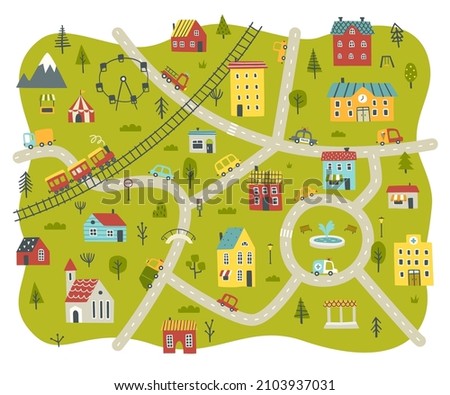 Doodle city baby map carpet. Childish nursery town print with houses, cars, roads, mountain, hospital, train, trees, fire engine, police car, garbage truck, school, church, railway.