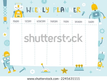 Timetable with cute robots. Funny weekly planner. Scandinavian vector design of timetable for baby boys.