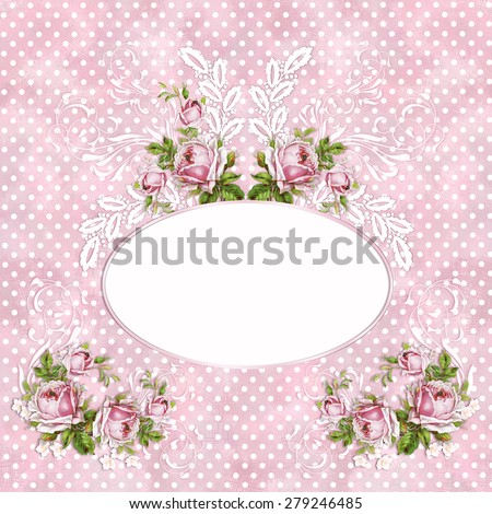 Pink vintage background with roses and oval frame