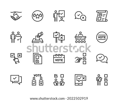 Voting and Election vector linear icons set. Election andrating of candidates, vote, electronic voting, debate, vote count and more. Isolated collection of Voting icons on white background.