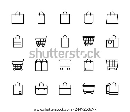 Shopping bag and basket vector linear icons set. Contains such icons as shopping bag, purchases, cart, shopping basket and more. Isolated collection of bag and basket icons on white background.