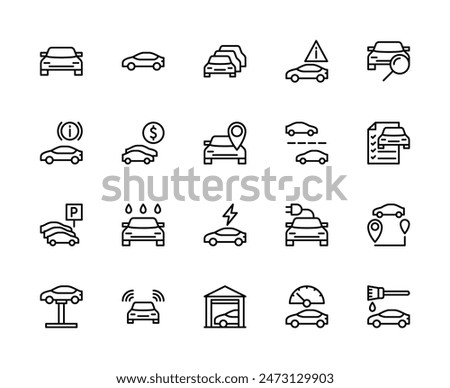 Automobile vector linear icons set. Contains such icons as stop signal, car showroom, brakes, cars sale, route, road, movement and more. Isolated car related icons collection on white background.