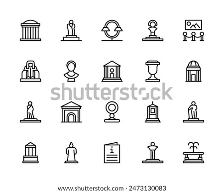 Museum vector linear icons set. Contains such icons as antique items, artifacts, art, hall, paintings, exposition, history, culture and more. Isolated icon collection of museum on white background.