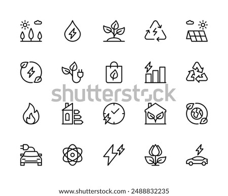 Energy saving vector linear icons set. Contains such icons as Energy consumption level, green house, solar panels and more. Isolated icon collection of energy saving on white background.