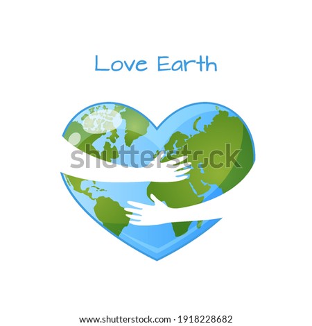 Hugging Earth in heart shape, hands holding Earth. Save our planet. World Environment day or Earth day concept. Vector illustration isolated on white background