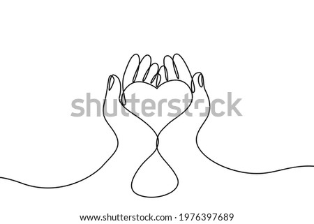 Continuous drawing line art of heart in hands. Hand drawn one line. Concept of volunteering, charity and donation.