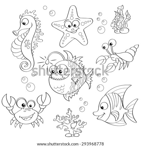 Set Of Cute Cartoon Sea Animals. Black And White Vector Illustration ...