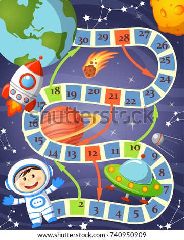 Board game with cosmonaut, ufo, rocket, planet and stars 商業照片 © 