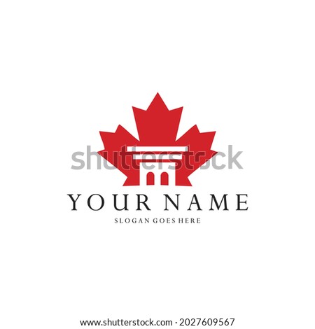 maple leaf logo and pillar. combination of abstract and maple and pillar negative space concept. perfect for legal logos, legal protection, lawyers in canada