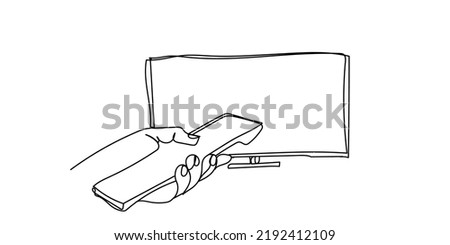 continuous line of hand and television remote. vector of hand line controlling television remote