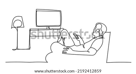 continuous line of man relaxing watching television. vector line art of man relaxing in tv room