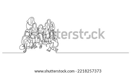 continuous line of female reunions. line drawing a group of women meet again after a long time. Capture the moment by taking pictures together