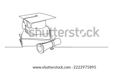 continuous line drawing of graduation caps and books . line drawing of university graduation signs