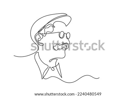 continuous line old man portrait. one line vector of a person's face with a hat and glasses.line art of an adult man's face