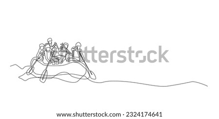 rafting continuous line.single line rafting group vector.sports activity on river with oars and inflatable boats.isolated white background