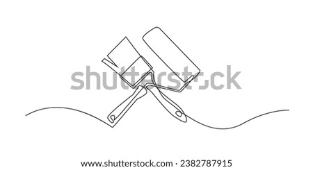 continuous line of brushes and paint rollers.single line drawing of wall coloring equipment.abstract line art isolated white background