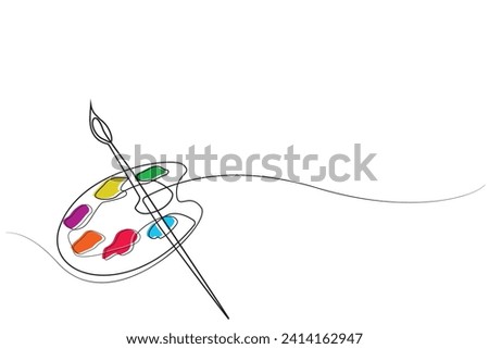 continuous line of paint palette.single line of painting supplies tools .paint palette and brush line art vector