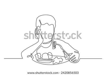 continuous line drawing of a child losing his appetite.single line of a child having no appetite.