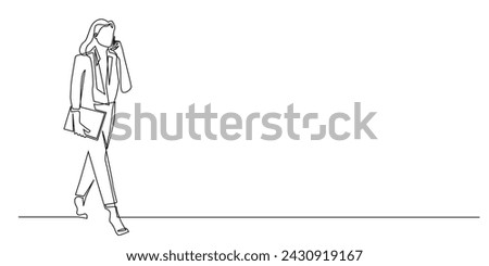 continuous line of career woman walking carrying laptop and making phone call.line vector illustration of business woman being busy.busy business woman line art .isolated white background