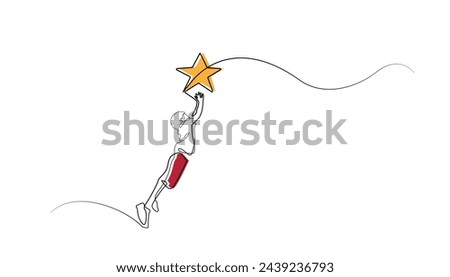 vector line art of child catching stars.single line vector child reaching for goals.isolated white background