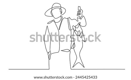 continuous line drawing of fisherman.one line drawing of fisherman lifting big fish.line art of fisherman man showing off caught fish.single line vector illustration.isolated white background