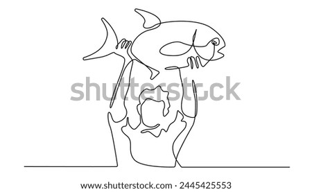 continuous line drawing of angler.one line drawing of angler lifting big fish.line art of man angler showing off caught fish.single line vector illustration.isolated white background