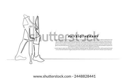 continuous line of people with leg injuries and walking with leg crutches.single line of physiotherapy leg injury healing.isolated on white background