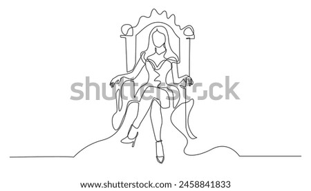 continuous line of the princess sitting on the throne.single line of the young catik happy royal queen.sitting on the queen's chair.drawing vector line