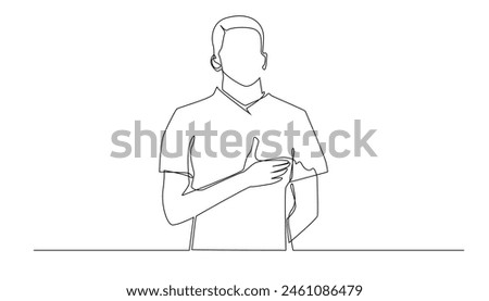 continuous line of football athlete singing the national anthem.pose of football player putting hand on chest and singing national anthem.one line vector illustration