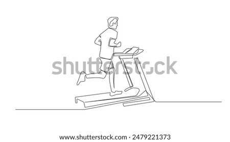 continuous line of sportive man running on a treadmill.one line drawing of a sportive man running on a treadmill in a fitness center or at home.single line vector illustration.