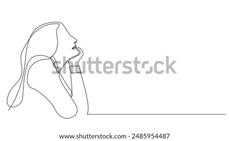 continuous line drawing of woman facing upwards, with calm mind, smiling and happy.single line vector illustration.isolated white background