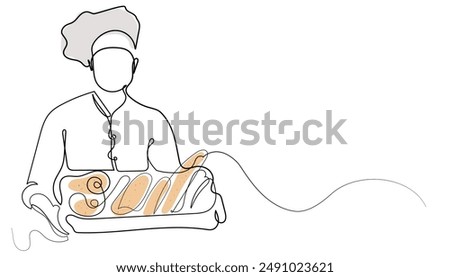 line art drawing of a baker. minimalist line drawing of a baker man showing bread in a bakery. background of a bakery