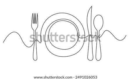 continuous line drawing of fork, plate, knife and spoon. minimalist one line drawing of cutlery. single line vector illustration. isolated white background