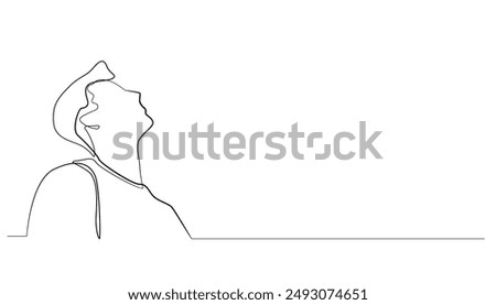 continuous line of young man looking up.one line drawing of man curious and looking up.line vector illustration of man fretting and praying.isolated white background