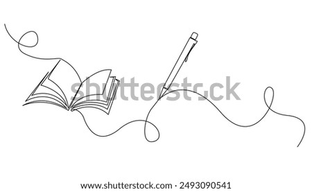 continuous line drawing of open book and pen.one line vector drawing of book and pen.concept of education in one line vector.background for world book day,international education day.