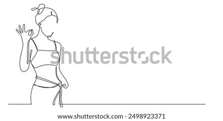 continuous line drawing of woman dieting.single line vector happy woman successful dieting.line art woman dieting .isolated white background