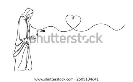 continuous line of Jesus reaching out and giving love.one line drawing of the Lord Jesus giving love to the people.single line vector illustration.isolated white background