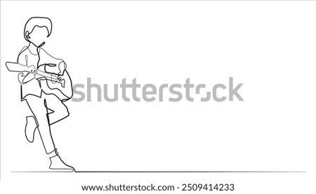 single continuous line drawing of child playing guitar.line art vector illustration of playing guitar and leaning against the wall.isolated white background