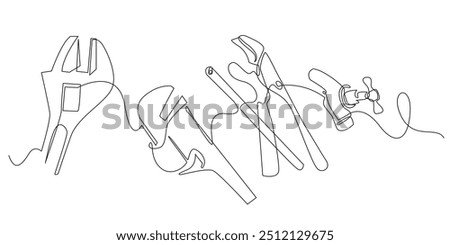 continuous line of plumbing repair supplies.one line drawing of tools for repairing piping.one single line of plumber's tools.isolated white background