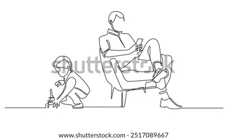 continuous line of parents busy with cellphones and children playing alone.one line drawing of family concern.single line of child concern.isolated white background