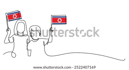 continuous line of boy and girl carrying north korea flag.one line drawing of boy and girl with north korea flag.north korea independence day.single line vector