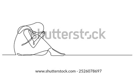 one continuous line drawing of a woman looking down and sad. one line drawing of a sad state of mind, a woman contemplating and crying. single line vector illustration. isolated on a white background