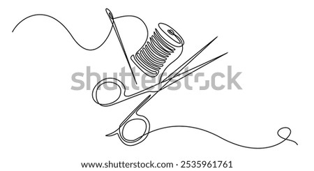 continuous line of needle, thread and scissors.one line drawing of clothing sewing equipment.single line vector illustration of boutique and clothing convection.isolated white background