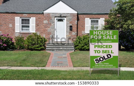 For Sale Sold Real Estate Sign Front yard Lawn Suburban Home Sunny USA
