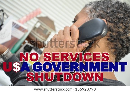 No Services USA Government Shutdown Gray Hair Mature Woman on Telephone in Office