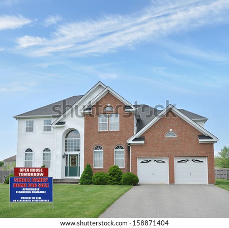 Real Estate For Sale Sign Large McMansion Suburban Landscaped Front Yard Lawn Double Garage Blue Sky Clouds Residential Neighborhood USA