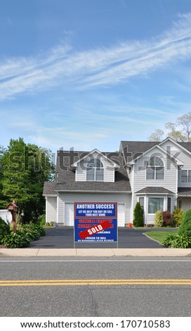 Sold Real Estate Sign Driveway Suburban Home Residential Neighborhood USA Blue Sky Clouds